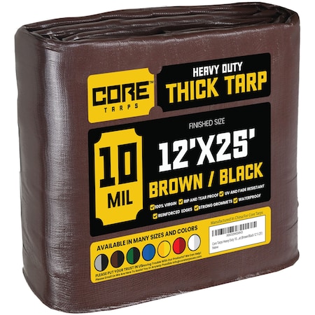 Core Tarps Heavy Duty Tarp, 25 ft L x 0.5 mm H x 12 ft W, 10 Mil, Brown/Black, Polyethylene CT-602-12X25